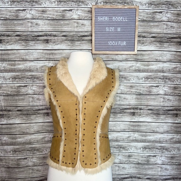 SHERI BODELL Studded Leather 100% Rabbit Fur Vest - Picture 1 of 9